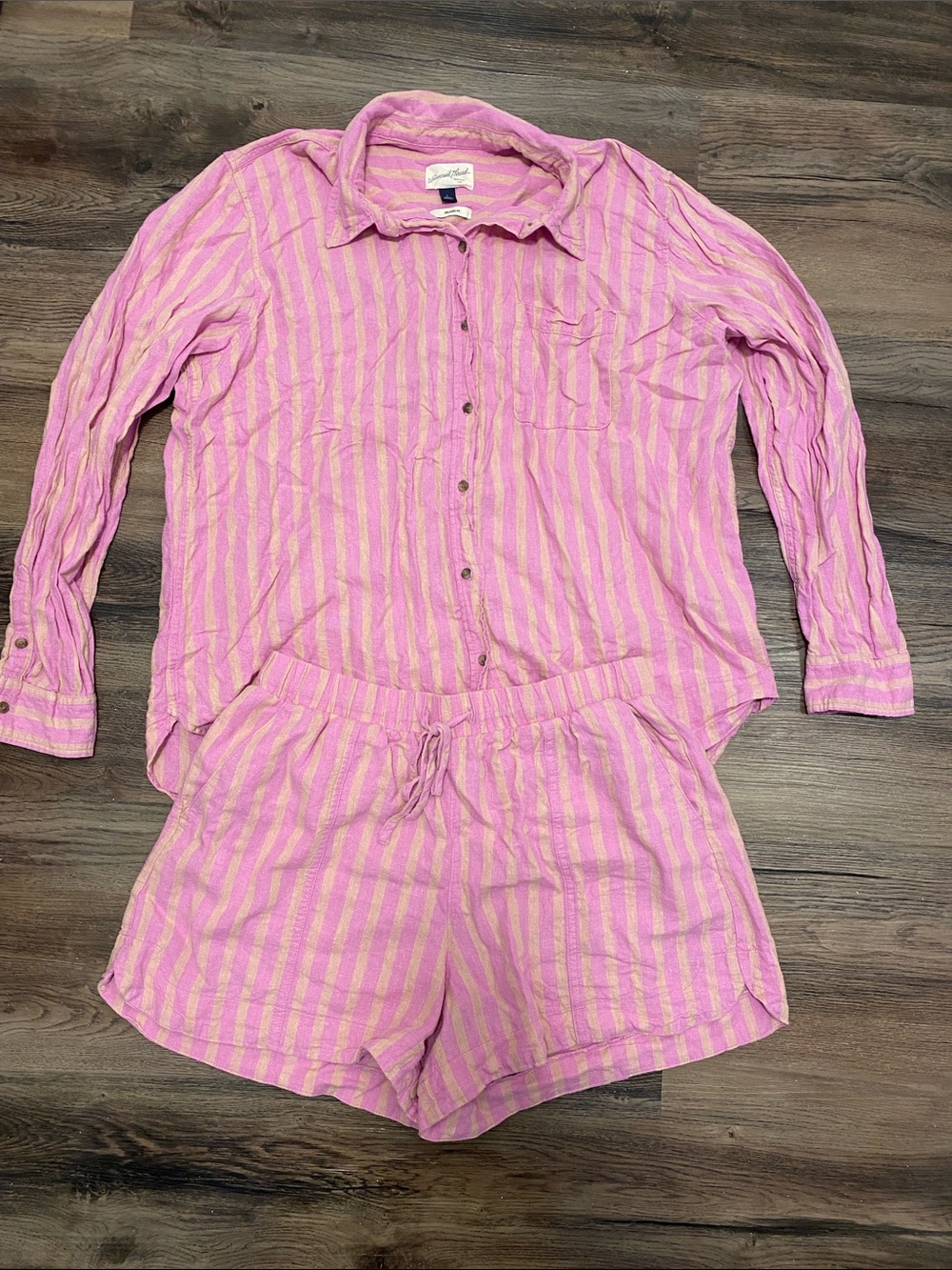 Universal Thread Pink and Cream Striped Button-Down Top with Matching Shorts